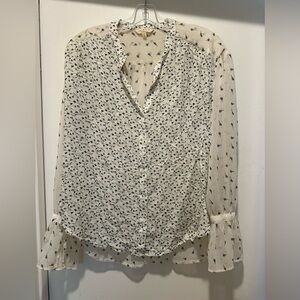 Lucky Brand Cream Floral Blouse Sheer Size Small w Sleeve Details & Navy Flowers